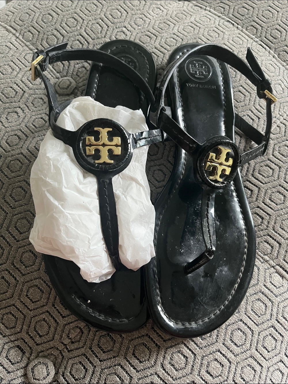 Tory Burch Black Soft Patent Leather Dillan Sandal Size 8.5